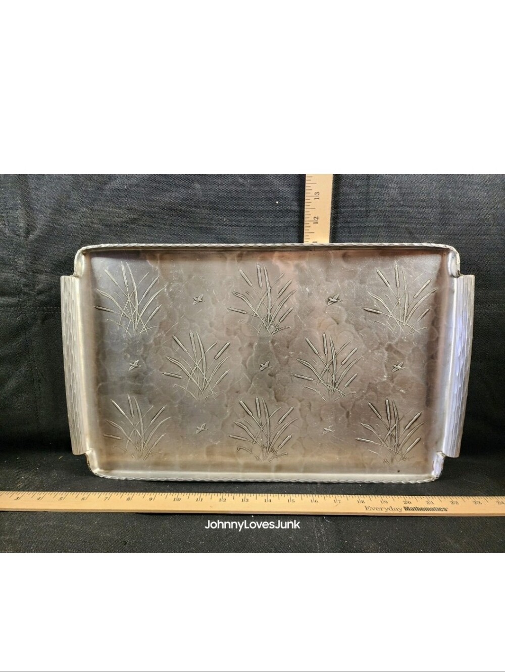 Vintage Hammered Aluminum Tray Pond Scene Cattails Used Needs Polished